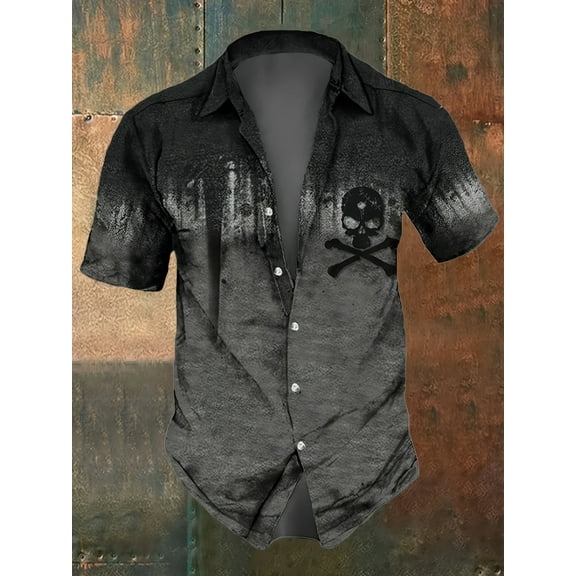 Mens Hawaiian Shirts Casual Skull Print Short Sleeve Button Down Tropical Beach Shirt Gray M