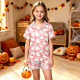 thumbnail image 6 of KPOPLK Tween Halloween Pjs Set Ghost Pumpkin Print Girls Silk Pjs Short Sleeve Button Down Nightwear with Shorts Set Tween 12-13 Years Little's Pajamas,Size 12-13 Years, 6 of 9