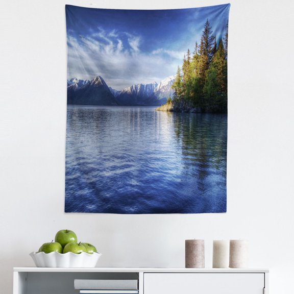 Alaska Tapestry, Turnagain Arm of the Cook Inlet Anchorage Idyllic Lakeside Photography, Fabric Wall Hanging Decor for Bedroom Living Room Dorm, 5 Sizes, Lime Green Navy Blue, by Ambesonne