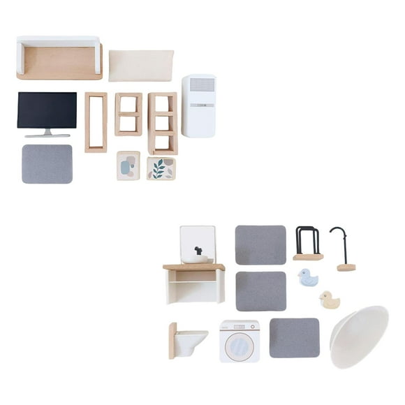 2 juegos de muebles de casa de muñecas de madera, modelo de accesorios de simulación, bricolaje, hechos a mano Salón y Baño
