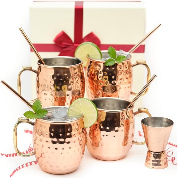 [Gift Set] Kitchen Science Moscow Mule Mugs, Stainless Steel Lined Copper Moscow Mule Cups Set of 4 (18oz) w/Straws & Jigger | Tarnish-Resistant Stainless Steel Interior (Set of 4)
