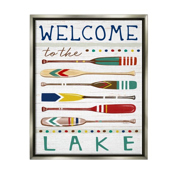 Stupell Industries Lake Welcome Sign Striped Oars Graphic Art Luster Gray Floating Framed Canvas Print Wall Art, Design by Elizabeth Tyndall