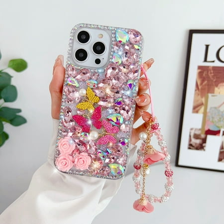 Decase iPhone 7 / 8 / SE 2022 & 2020 Case for Girls Women 3D Luxury Bling Glitter Diamond Crystal Rhinestone Butterfly Case Cover with Charm Pendant Wristband Fashionable Laser Phone Shell,Pink