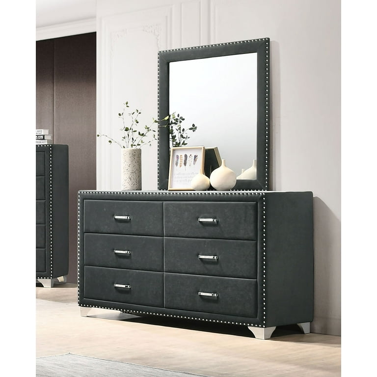 Melody 6-drawer Upholstered Dresser with Mirror Grey - Walmart.com