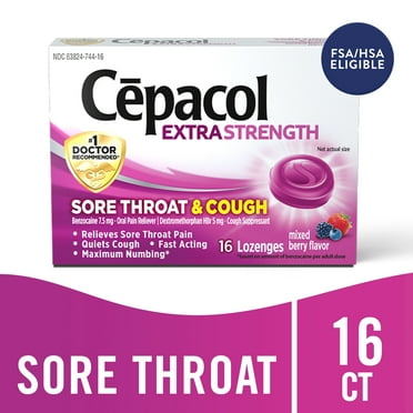 Cepacol Extra Strength Sore Throat & Cough Lozenges, Powerful Symptom Relief, Quiet Cough, Oral Pain Reliever, Mixed Berry Flavor, 16 Lozenges