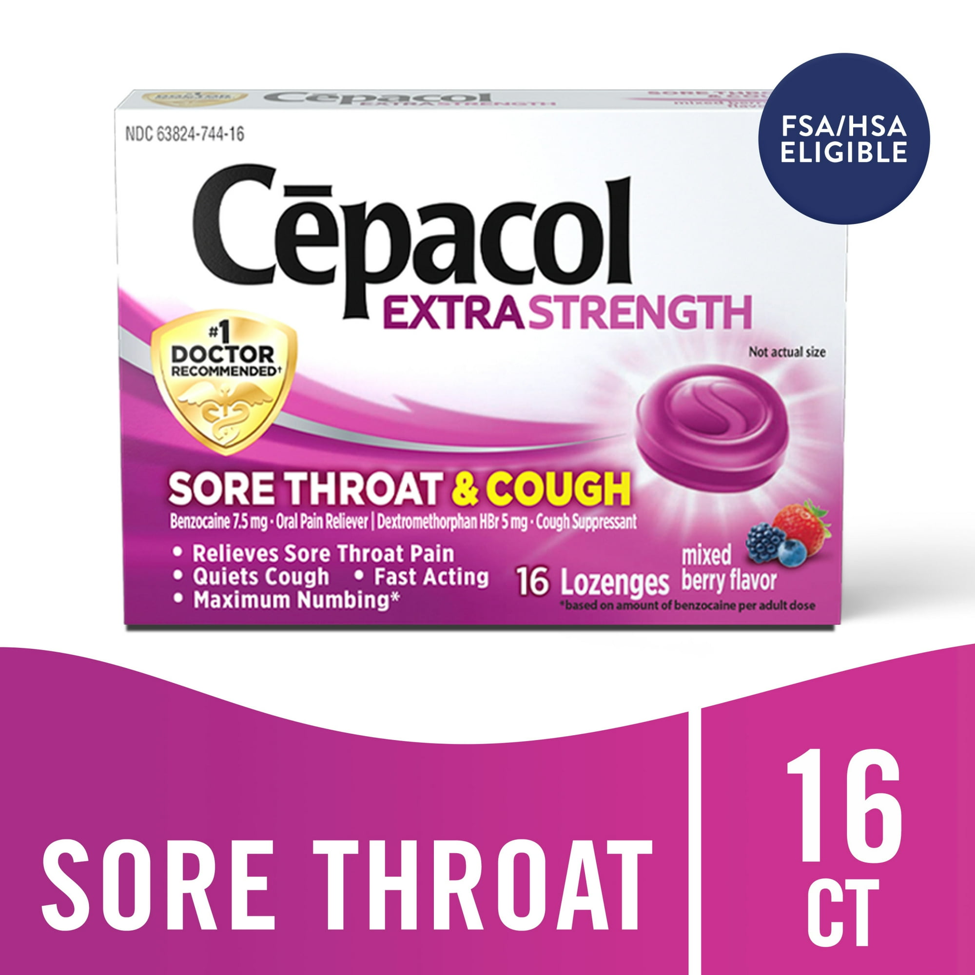 Cepacol Extra Strength Sore Throat & Cough Lozenges, Powerful Symptom Relief, Quiet Cough, Oral Pain Reliever, Mixed Berry Flavor, 16 Lozenges