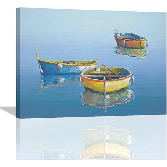 Blue Lake Boat Decor Wall Art Blue Lake Scenery Wall Decor Boat Canvas Painting Framed Artwork for Living Room Bathroom Bedroom 16"x12"