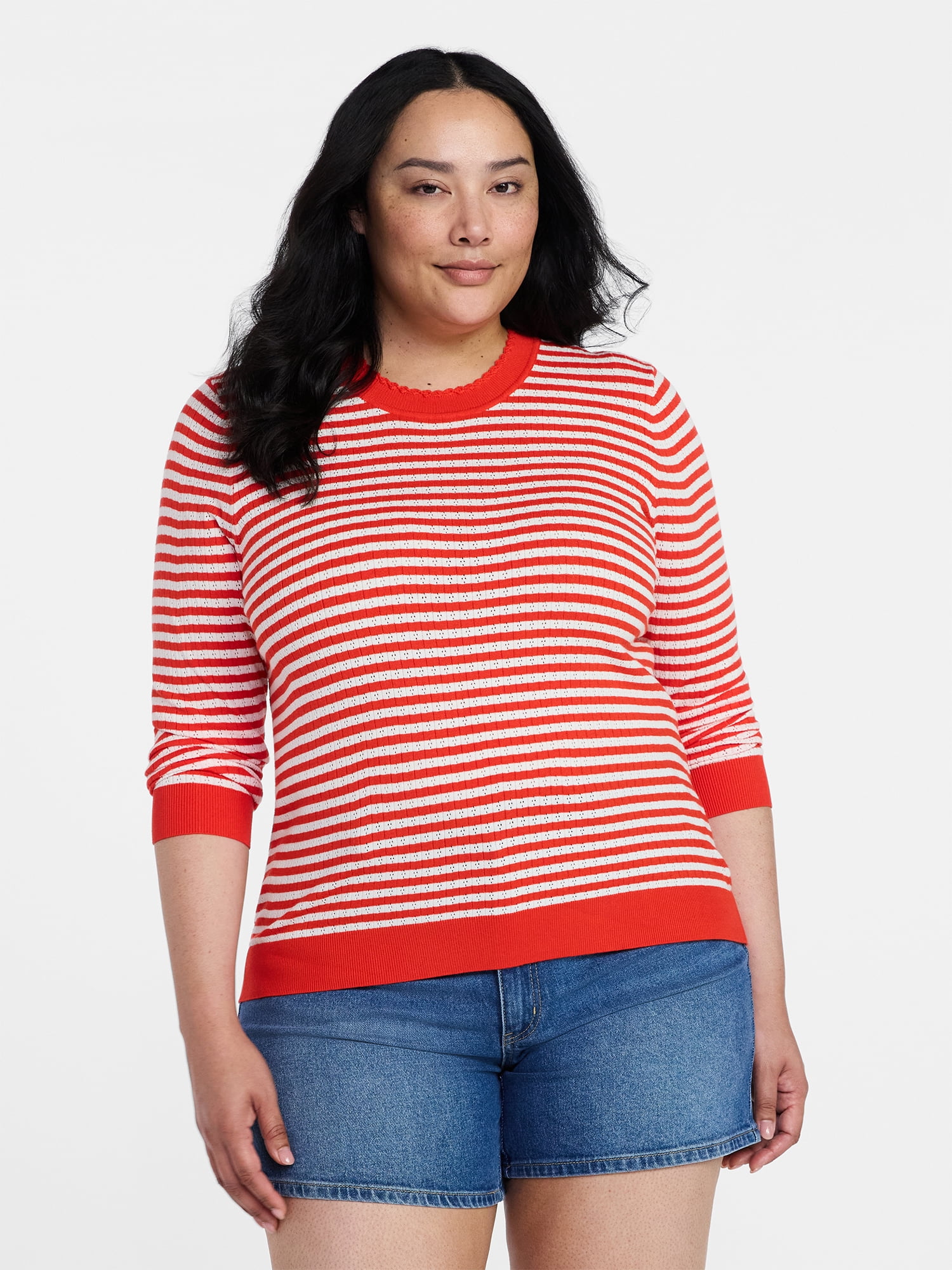 Time and Tru Women's Striped Pointelle Pullover Sweater with Long Sleeves, Midweight, Sizes XS-XXXL