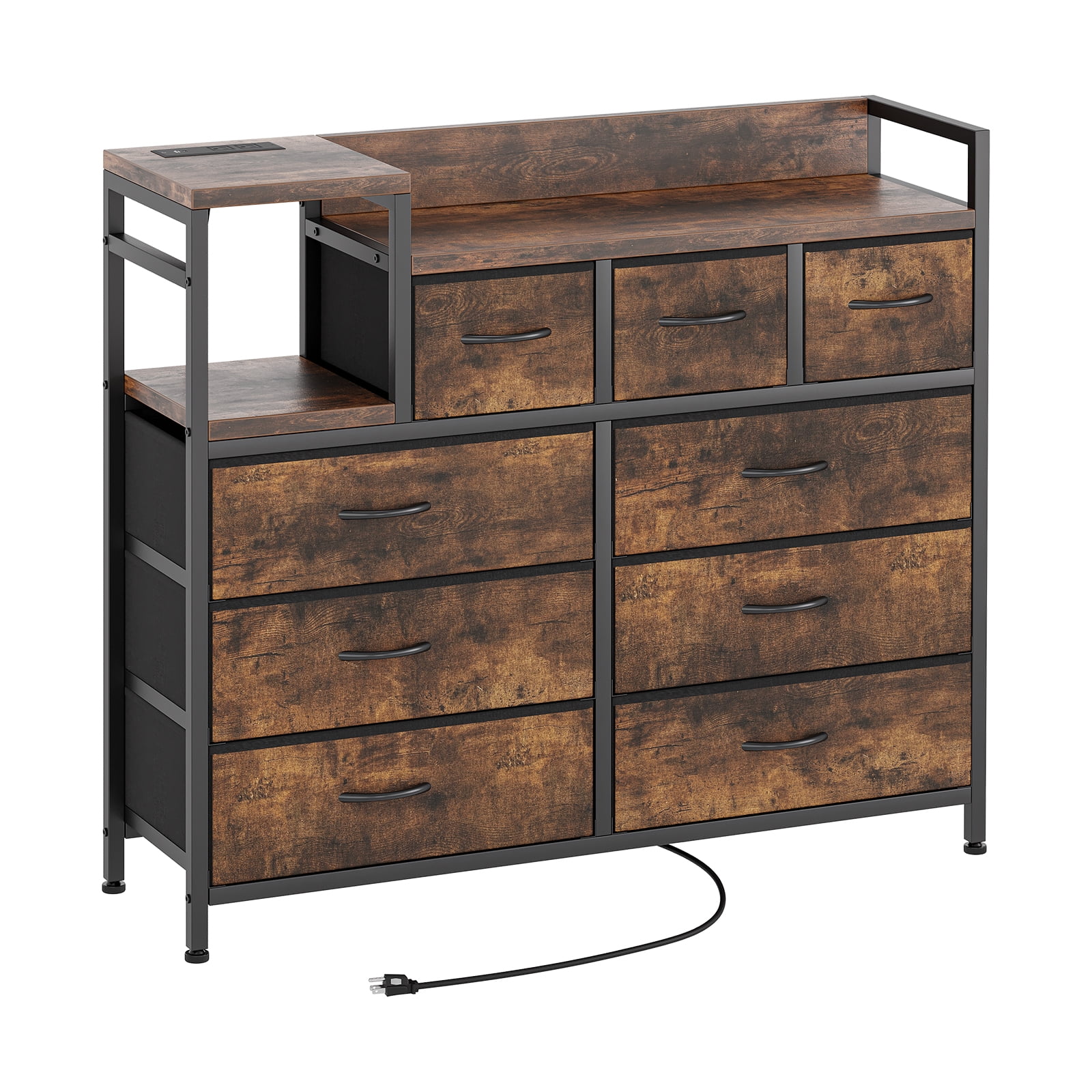 9-Drawer Storage Bedroom Dresser TV Stand with Built-in Charging Station, Multi-Functional for Kids Room & Apartments, Tall Organizer, Brown