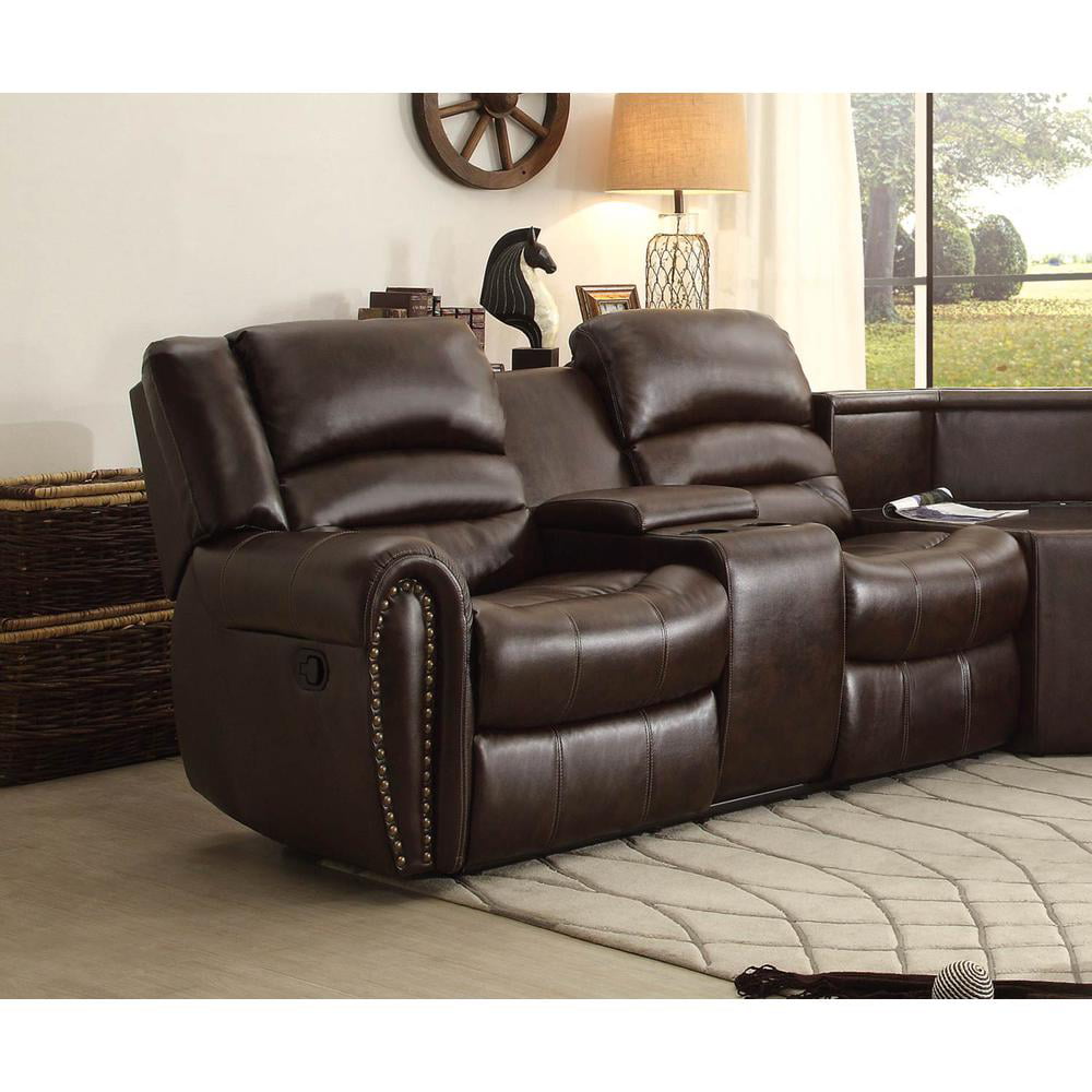 Leather Right Side Reclining Loveseat With Center Console Dark Brown