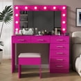 thumbnail image 5 of Vanity Desk with Power Outlet, Makeup Vanity with Lighted Mirror, 3 Lighting Modes Adjustable 12 LED Lights, 7 Drawers Vanity Set with Glass Top, Vanity Table with Chair for Bedroom (Pink), 5 of 9