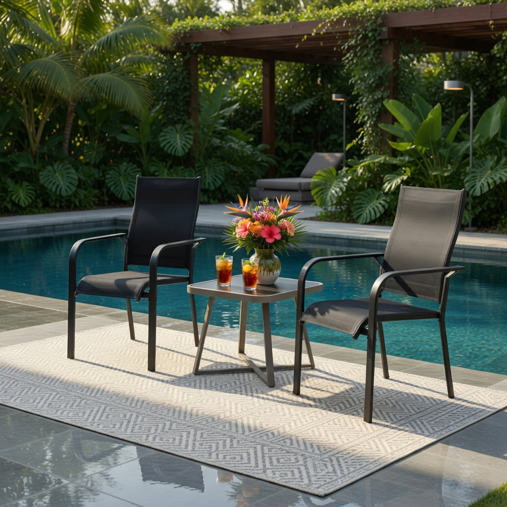 Hommoo Stackable Outdoor Dining Chairs Set of 2, Heavy-Duty Metal Frame Patio Armchairs with Breathable Mesh Back, Black