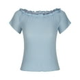 thumbnail image 6 of Diufon Tops for Women Summer Casual Solid Color Ruffle Tees off Shoulder Short Sleeve Blouses, 6 of 7