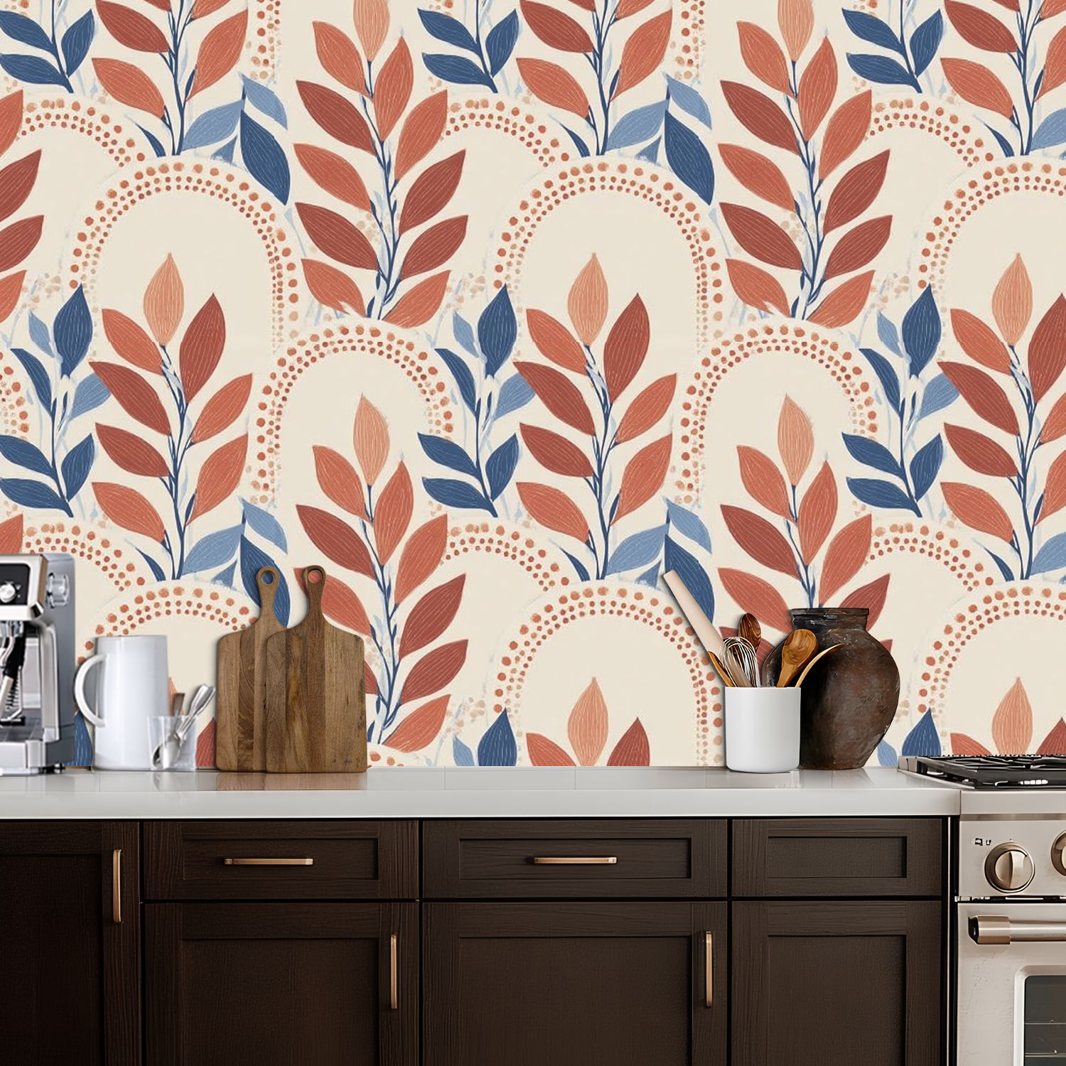 Peel and Stick Wallpaper 17.7in x 9.8ft Abstract Floral Terracotta Blue Leaves Beige Contact Paper Vinyl Self-Adhesive Removable Wall Paper for Bedroom Nursery Bathroom Renter Friendly