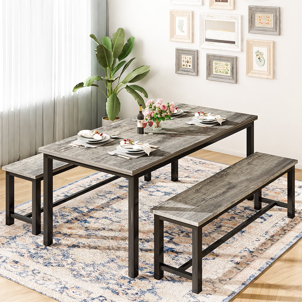 LinkRomat 3 Piece Dining Room Table Set for 4, 47" Farmhouse Dining Table with Benches, Rectangular Kitchen Sets for Small Space, Apartment, Restaurant, Grey & Black