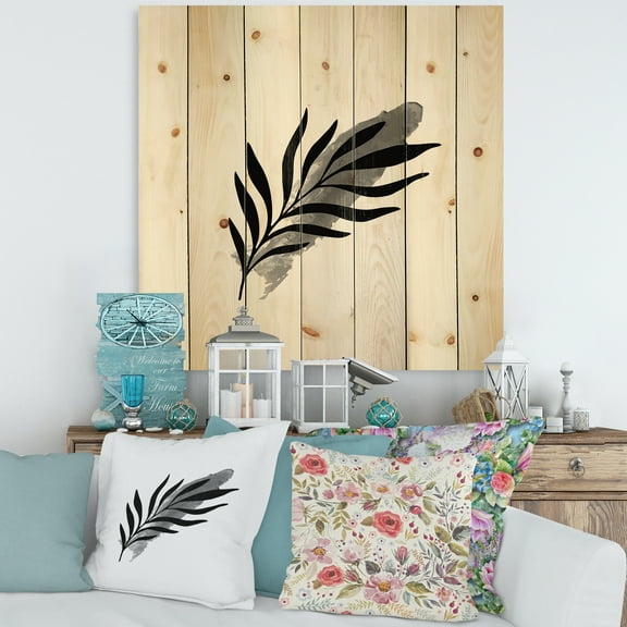Designart 'Abstract Black Tropical Leaf I' Modern Print on Natural Pine Wood