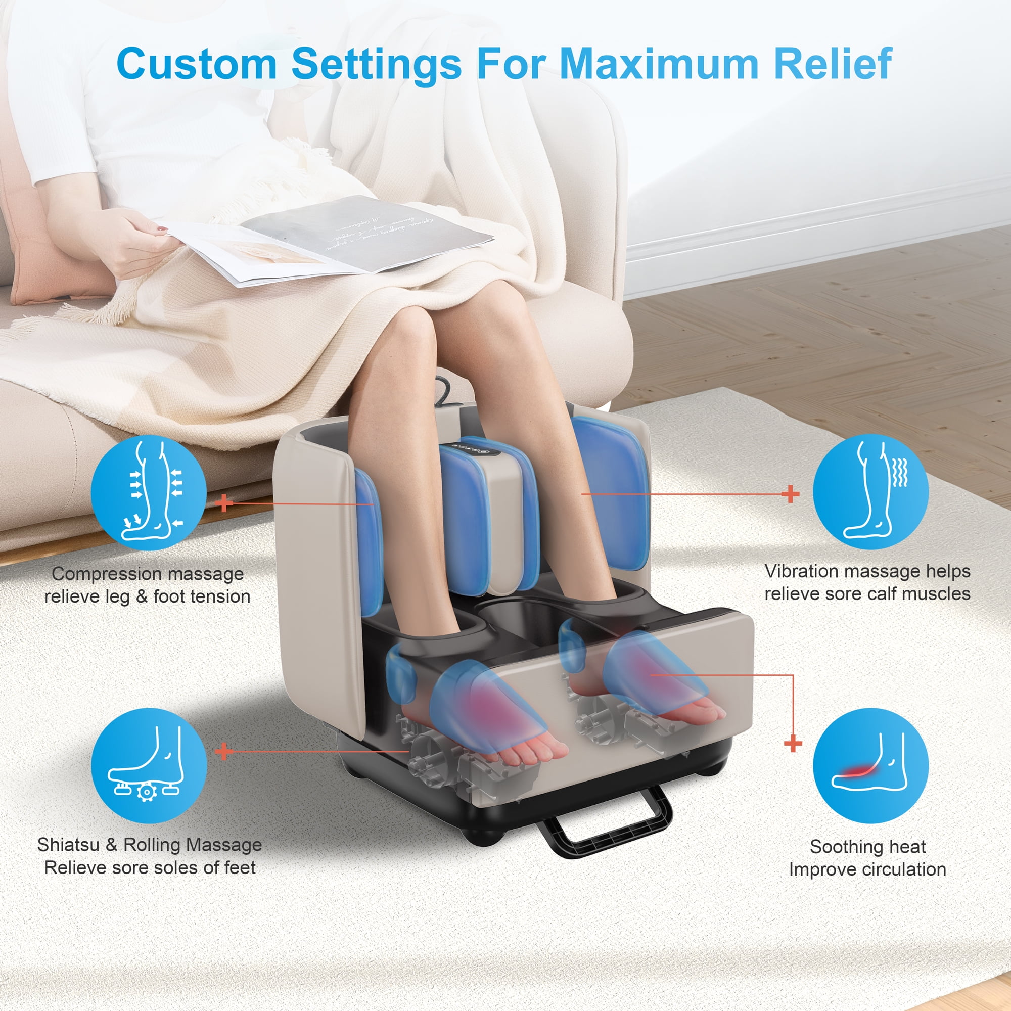 Comfier Foot Massage Machine, Shiatsu Deep Kneading Calf Foot Massager with Heat for Plantar Fasciitis, APP Control, Off White