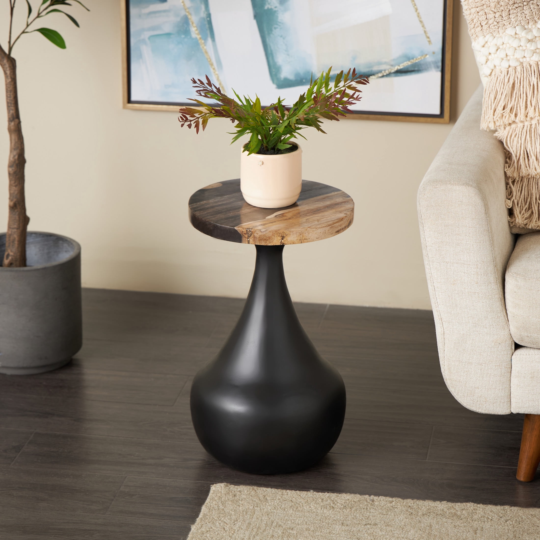 DecMode 12" x 20" Black Wood Handmade Fluted Accent Table with Brown Tabletop, 1-Piece