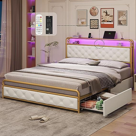 Full Size Bed Frame with LED Light Headboard & Storage Drawers, USB