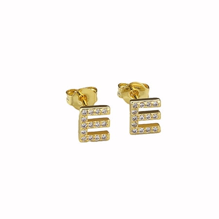 Bonjour Jewelers 14k Yellow Gold Created White Sapphire Initial E Letter Stud Earrings Plated