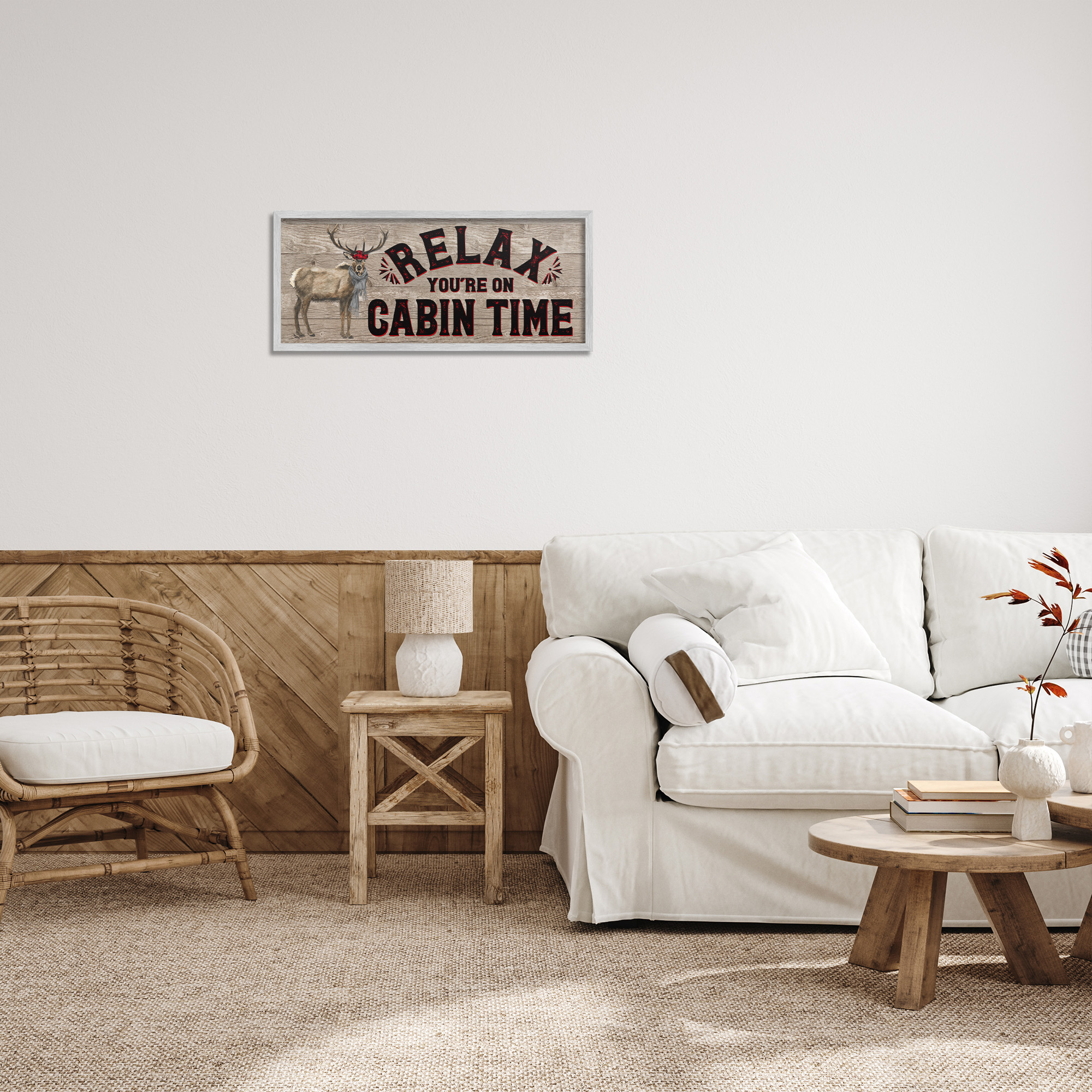 Stupell Industries Cabin Time Phrase with Deer Animals & Insects Painting Gray Framed Art Print Wall Art, 24 x 10