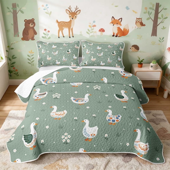 Erosebridal Goose Twin Quilt Set for Girls, Green Folk Art Twin Coverlet Set, 2 Pieces 1 Bedspread and 1 Pillowcase