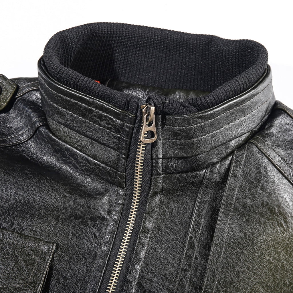 Homenesgenics Men's Leather Jacket Coats Men's Fashion Jacket Pure Color Zipper Stand Collar Imitation Leather Coat Tops