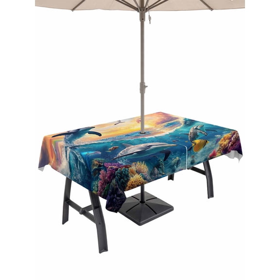 Outdoor Tablecloth with Umbrella Hole and Zipper, Blue Coastal Waterproof Patio Tablecloth for Dining 60''x102'', Dolphin Summer Beach Nautical Ocean Wipeable Table Cover for Picnic BBQ Party Patio