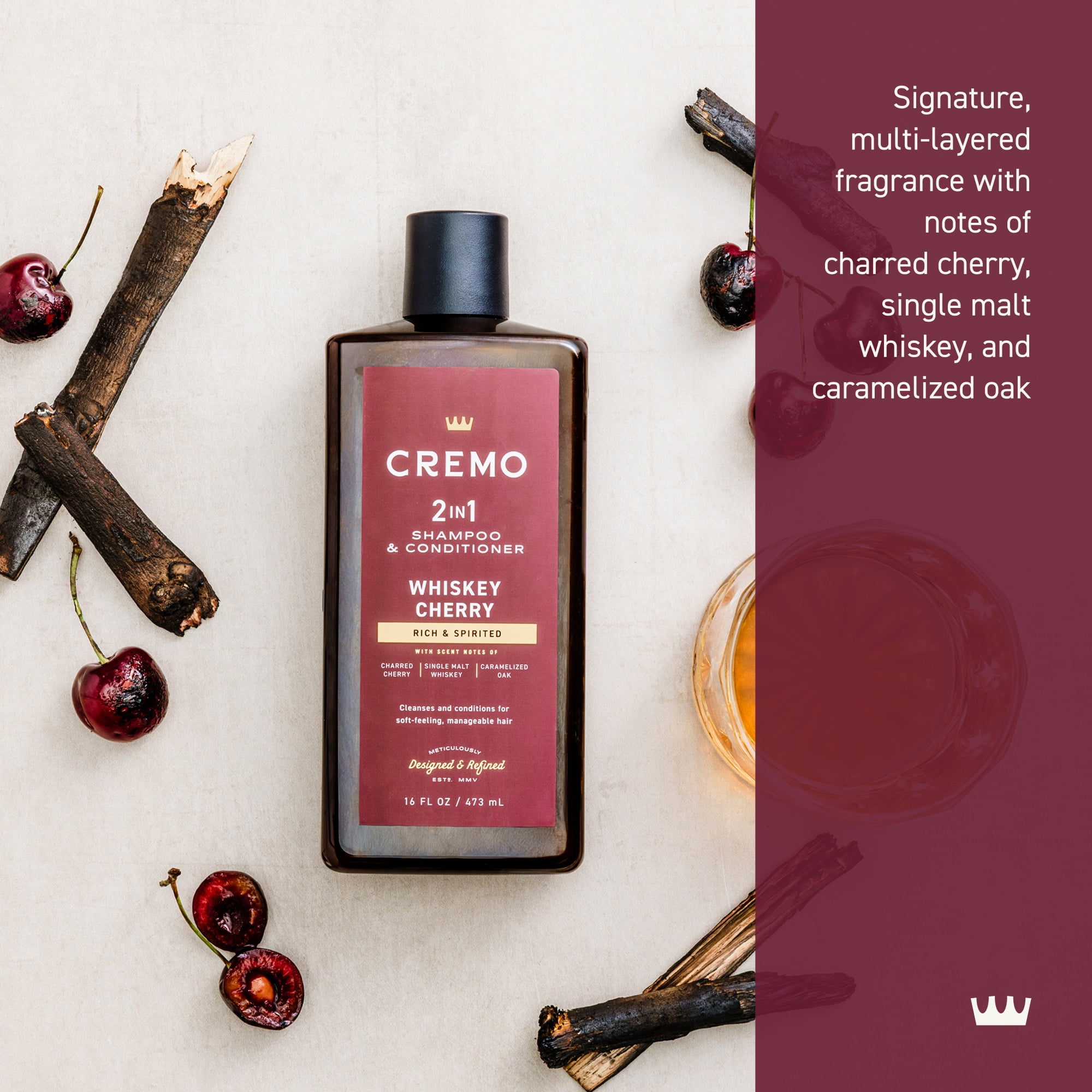 Cremo 2-in-1 Men's Shampoo & Conditioner, Whiskey Cherry Scent, 16 fl oz