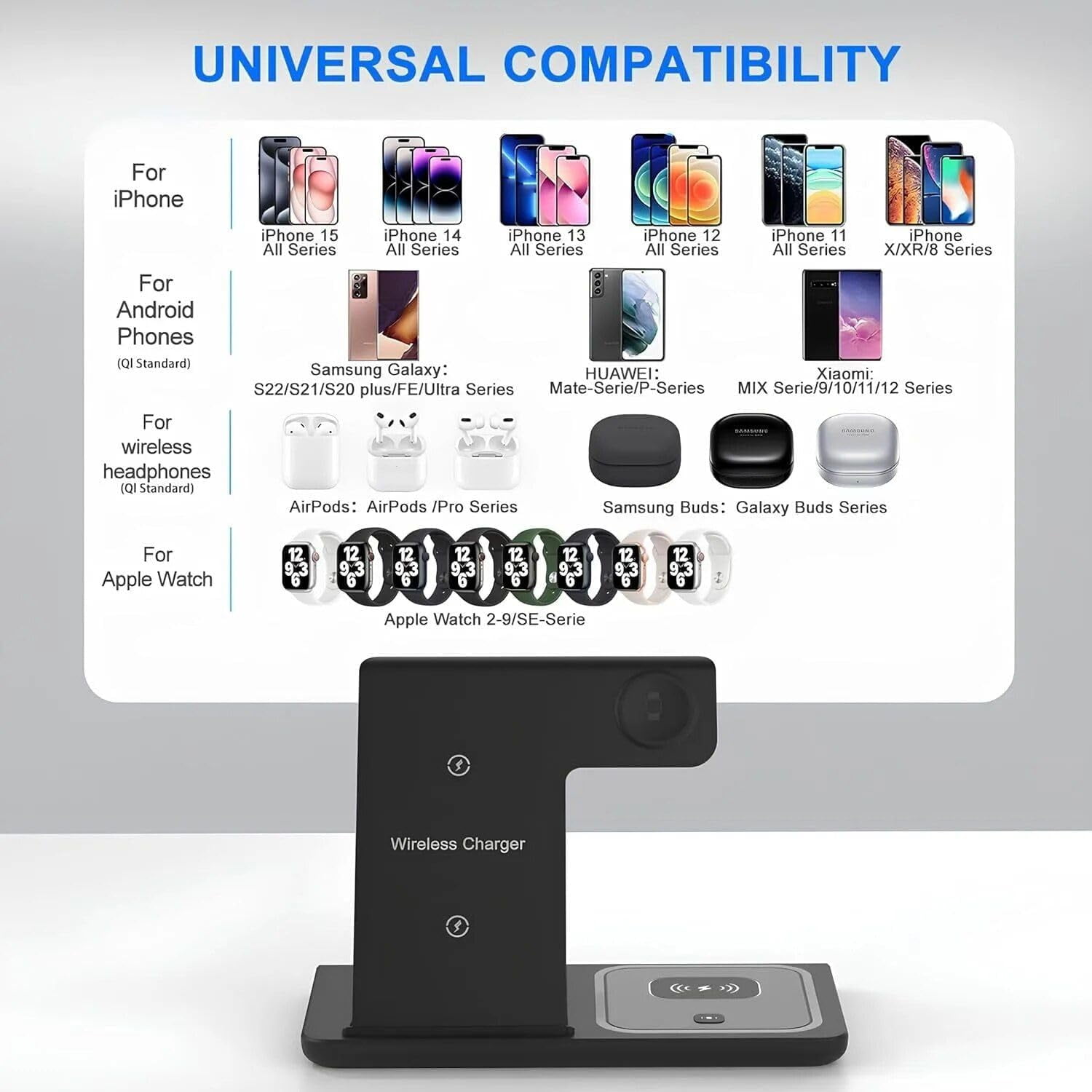 3-in-1 Wireless Charger for iPhone 11/12/13/14/XS/X/8 Apple Watch Series 7/6/SE/5/4/3/2 AirPods Pro/2 Black