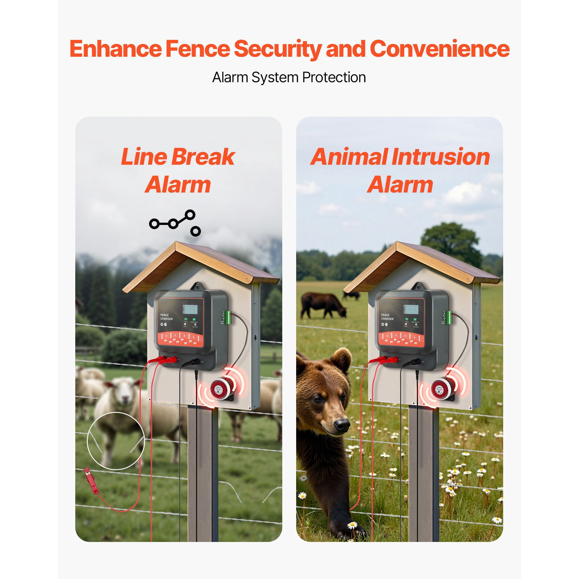 Electric Fence Charger 8/10/12kV 2/3/5J Adjustable Alarm System IP65 3-10km for Livestock Wildlife