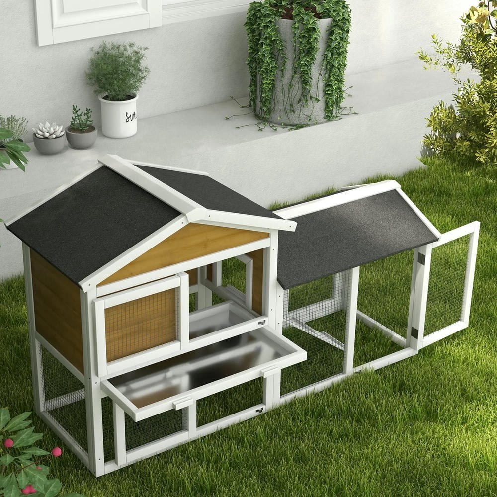 GVN Rabbit Coop, Pet Rabbit Hutch, Rabbit House,58" Wooden Rabbit Hutch with Run, Removable Tray, Asphalt Roof, Lockable Doors and Ramp, Nature Wood