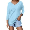 thumbnail image 1 of Camiseta de mujer de color liso con cuello en V y manga 3/4 - Cuello en V clásico, tejido ligero y transpirable, versátil para combinar con vaqueros o faldas, talla real., 1 of 4