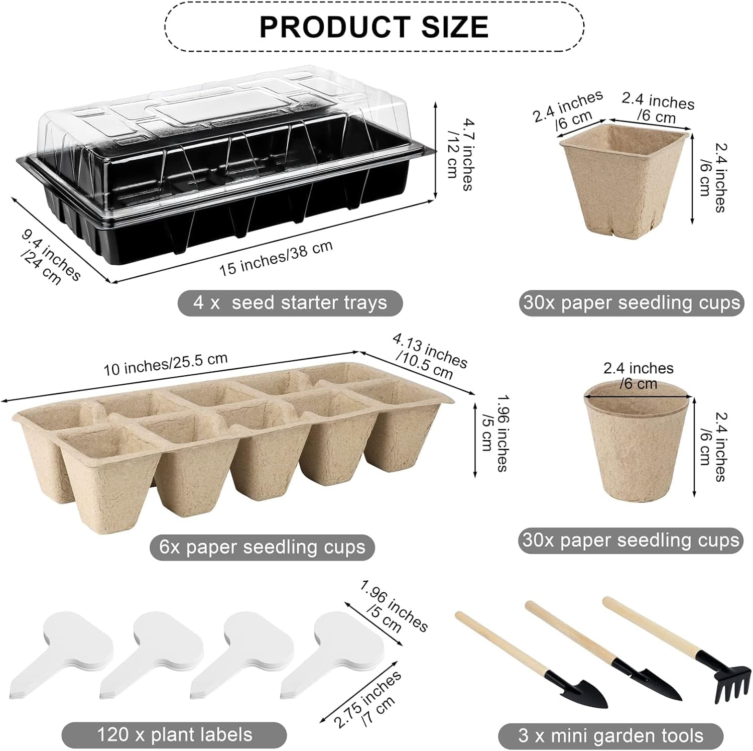 Seed Starter Kit Including Seed Starter Tray Peat Pots with Plant Labels, Tool, Plastic Growing Trays Germination Tray Paper Seedling Cups for Indoor Outdoor Garden