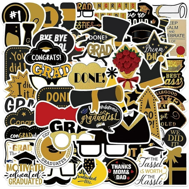 52PCS Graduation Stickers, Vinyl Waterproof Stickers for Water Bottle Laptop Luggage Helmet Skateboard Snowboard Guitar Scrapbook Phone Gifts