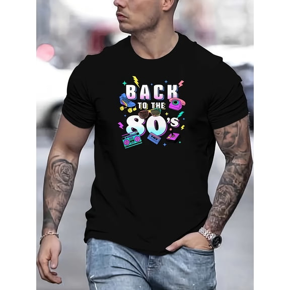 Men's Vintage 80s Graphic T-Shirt - BACK to THE 80's Retro Design with Cassette, Bold Neon Letters - Lightweight Polyester Tee for 80s Themed Parties, Concerts & Everyday Casual Wear