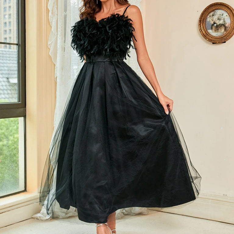 Tbopshirt Wedding Guest Dresses for Women Strap Mesh Evening Dress Black Bra Evening Dress Long Dress