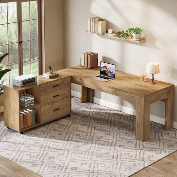 Tribesigns 63" Executive Office Desk, L Shaped Desk with Mobile Lateral File Cabinet Combo, Large Computer Table Business Furniture Set for Home Office, Brown