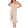 thumbnail image 2 of Sunloudy - Vestido informal para mujer, color sólido, doble lazo lateral, parte inferior con tirantes, abertura alta, dobladillo con volantes, vestido largo Sunloudy moda, 2 of 9
