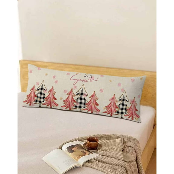 Christmas Tree Body Pillow Cover, Pillowcase Protectors with Zipper, Breathable Decorative Throw Pillow Case Cover, Winter Xmas Yellow Pink Snowflake on Linen Pillow Shams for Couch Sofa 20x60Inch