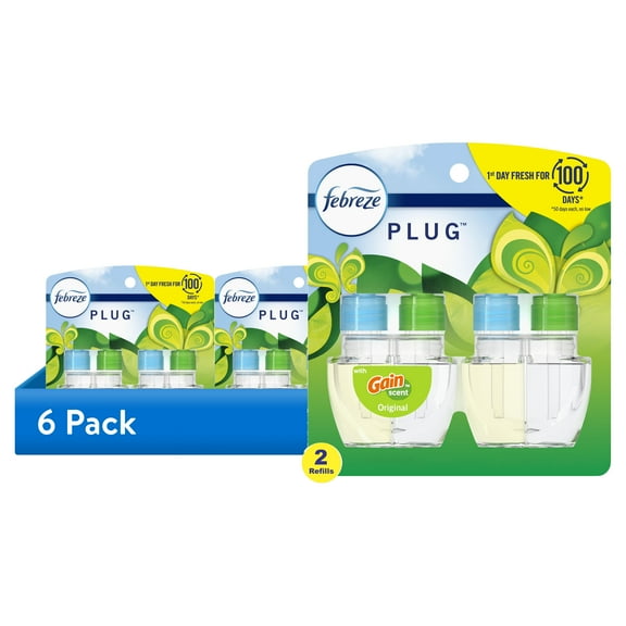(6 pack) Febreze Plug In Air Freshener, Odor-Fighting Scented Oil Refill, Gain Scent, 2 Refills