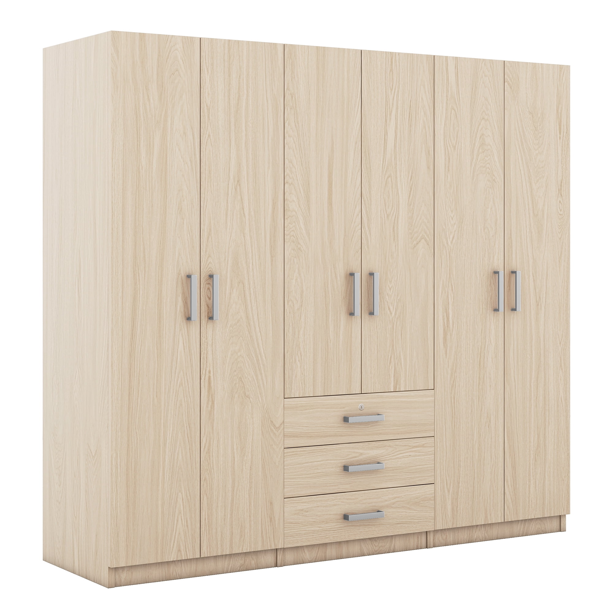 Modern Wardrobe Closet,Wooden Wardrobe Storage with 6-Doors & 2 Drawers for Bedroom,Natural