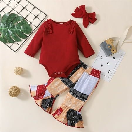

NIUREDLTD Baby Boys Girls Cotton Floral Autumn Long Sleeve Romper Bodysuit Bell Bottom Headbands Set Clothes