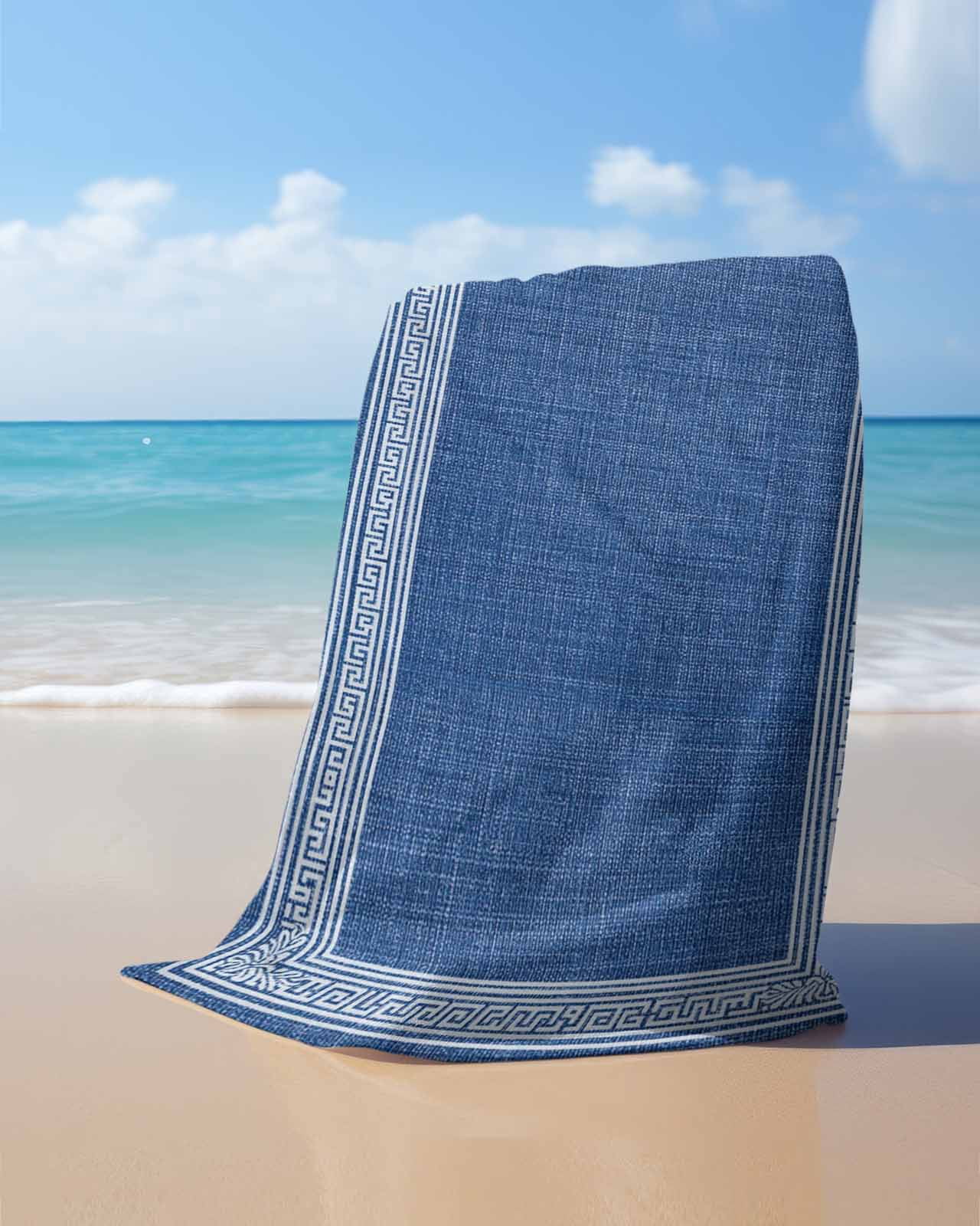 Dark Blue Retro Greek Key Beach Towels Oversized Super Absorbent, Geometric Greece Ancient Rustic Lightweight Bath Towel Quick Dry Sets For Bathroom/Pool/Rv Camping/Beach Play/Gym Room/Picnic 30"x60"