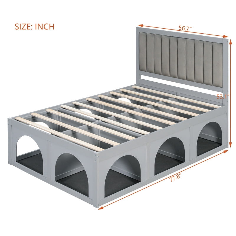 Full Size Pet-Friendly Platform Bed with Under-Bed Pet Nooks, Heavy Duty Wooden Storage Bed Frame with Padded Headboard