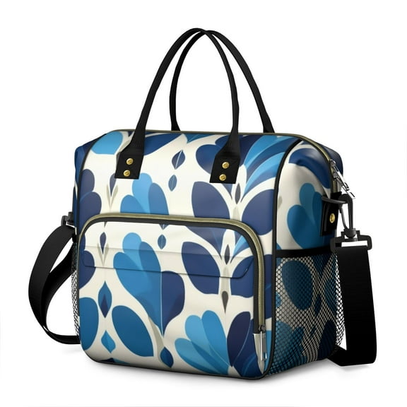 OBREWU Blue Pioneer Flower Women's Insulated Leakproof Large Lunch Bag, Oxford Cloth