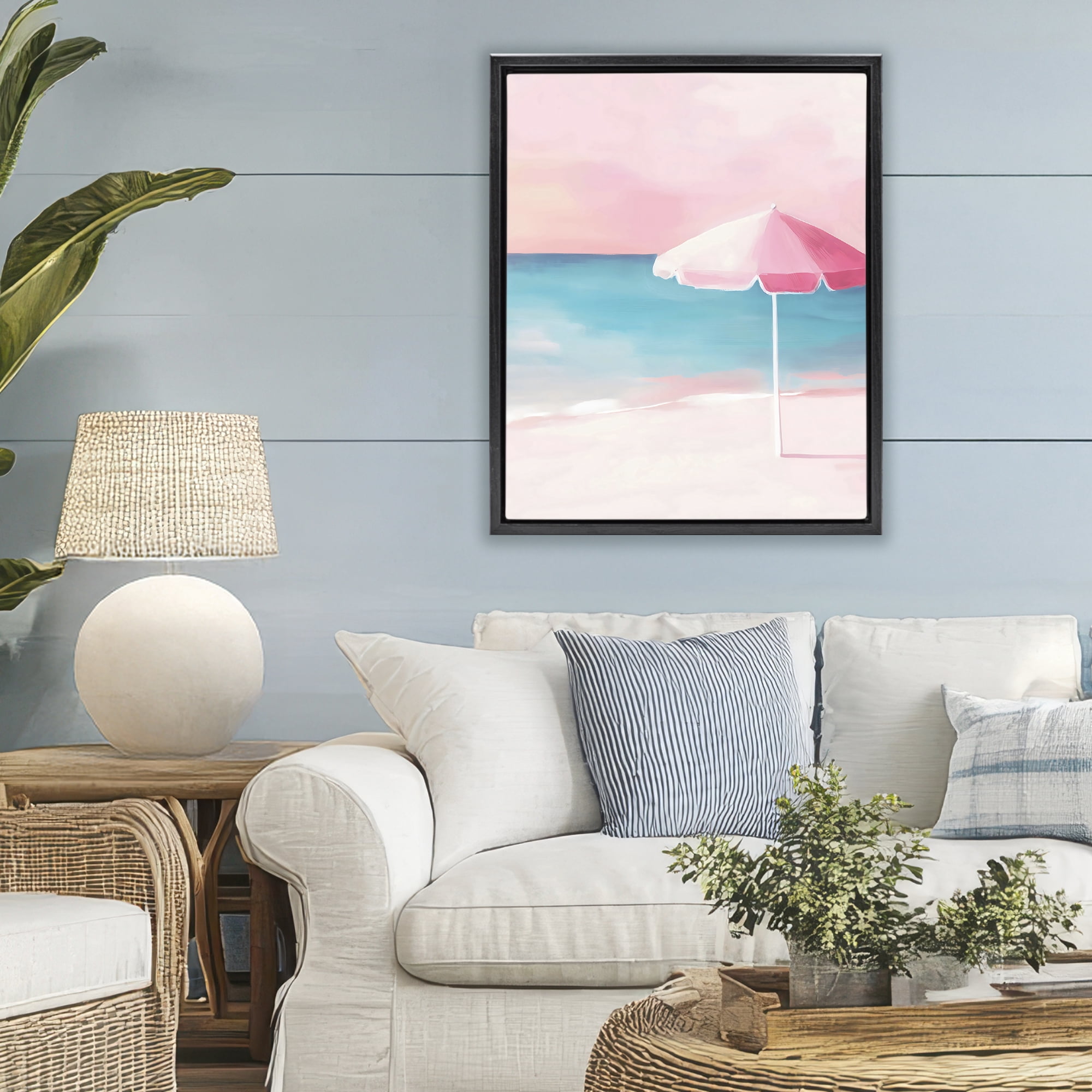 Stupell Industries Serene Pink Beach Umbrella Black Framed Floater Canvas Wall Art, design by The Prints Vibe