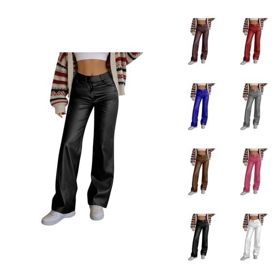 Leather Pants for Women 2026 Trendy Elastic High Waist Wide Straight Leg Casual Loose Leather Pants Slacks with Pockets