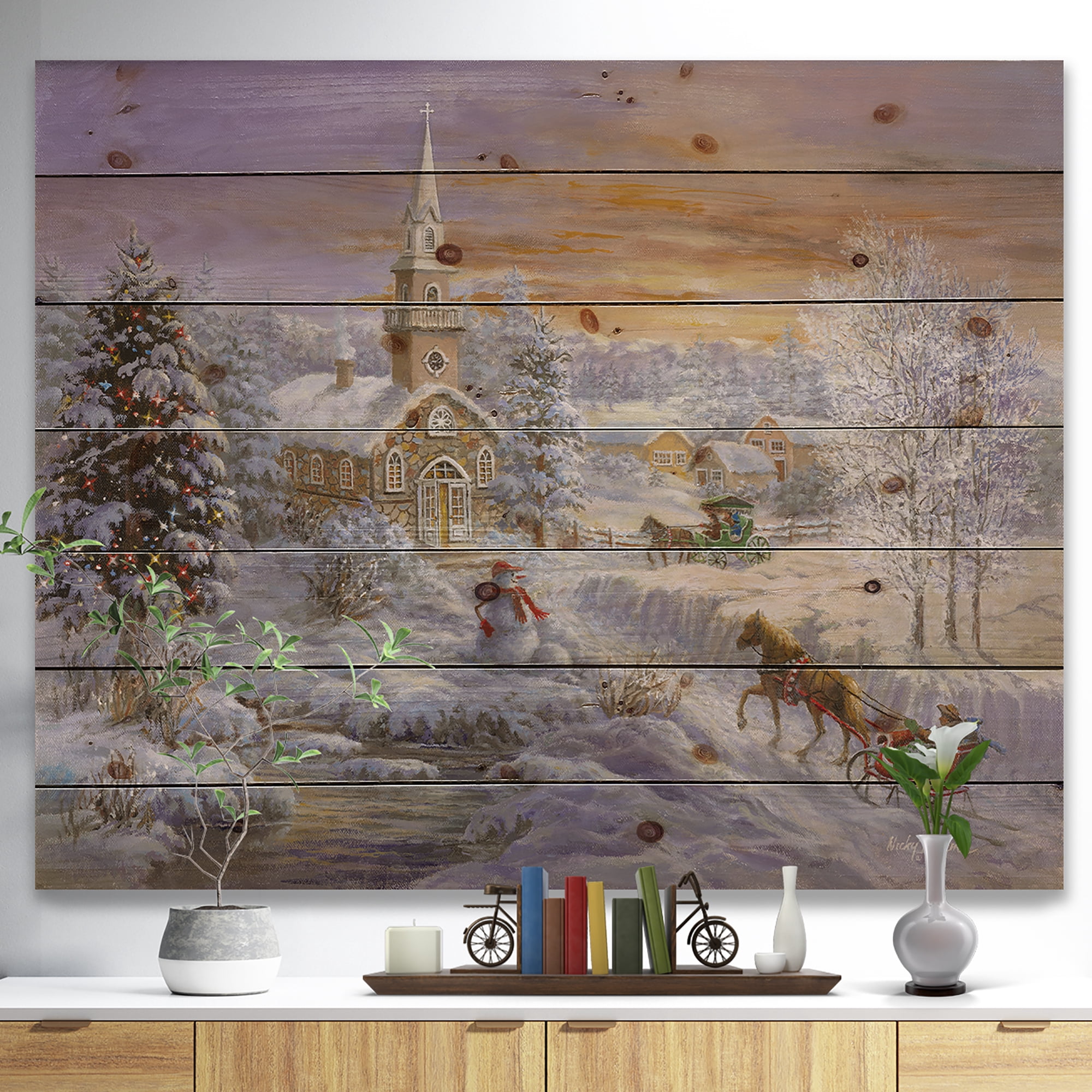 Designart 'Holiday Worship winter scene with sleigh and church' Print on Natural Pine Wood
