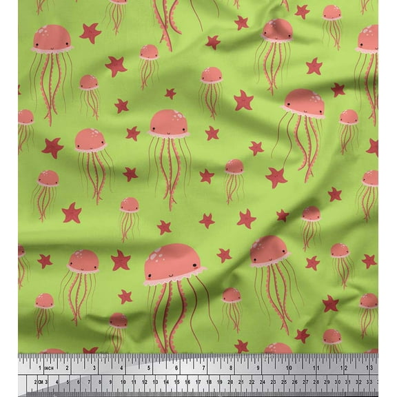 Soimoi Green Cotton Duck Fabric Jelly & Starfish Ocean Print Sewing Fabric Yard 44 Inch Wide